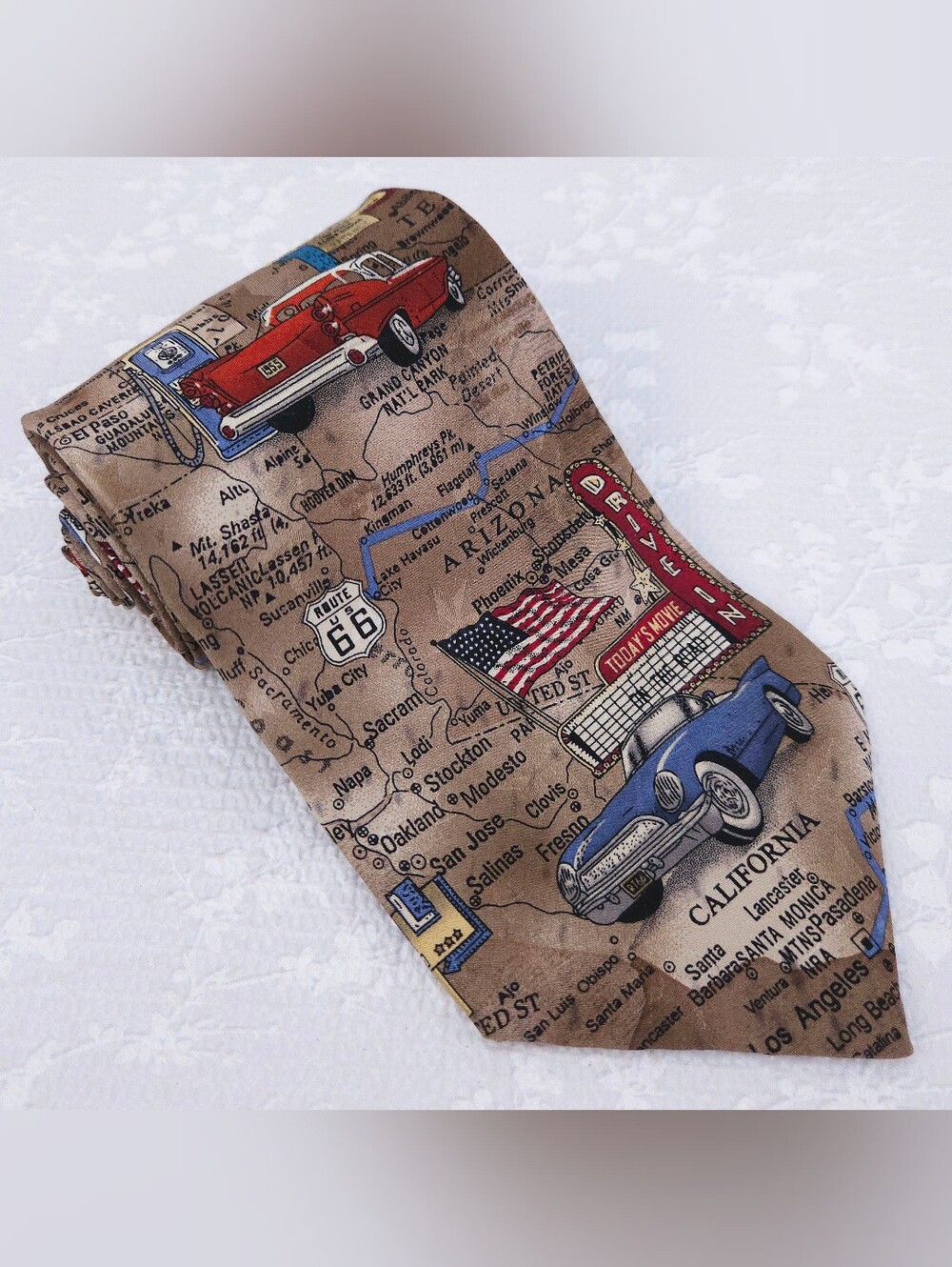 Vintage TANGO Max Raab Silk Tie Route 66 Americana Series 58" x 4"